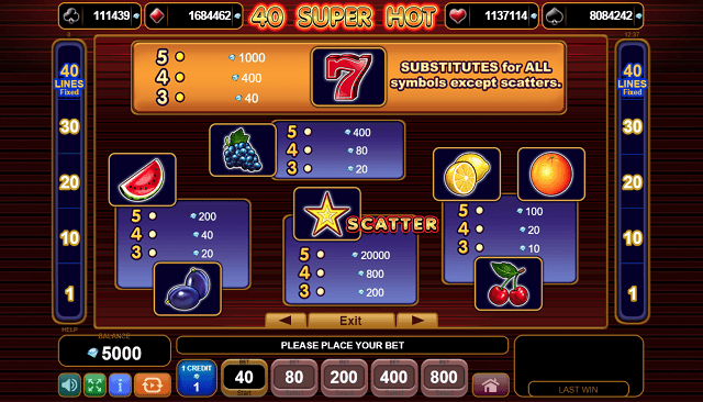 40 Super Hot Slot Paytable