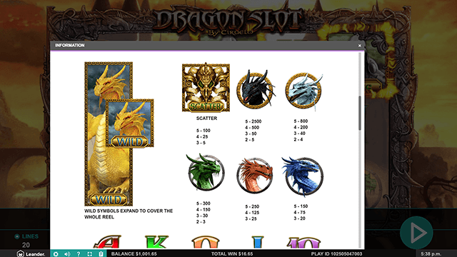 Dragon Slot Leander Games Paytable