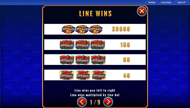 Triple Red Hot 777 Slot Paytable
